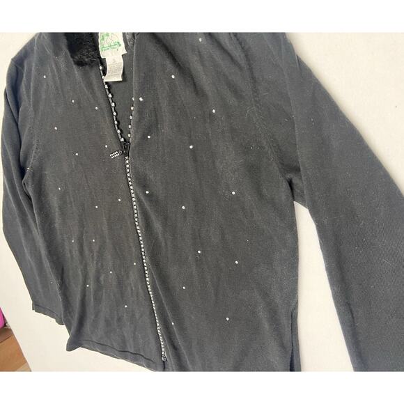 The Quacker Factory Black Velvet Rhinestone Accents Full Zip Sweater Size XL - Picture 3 of 4